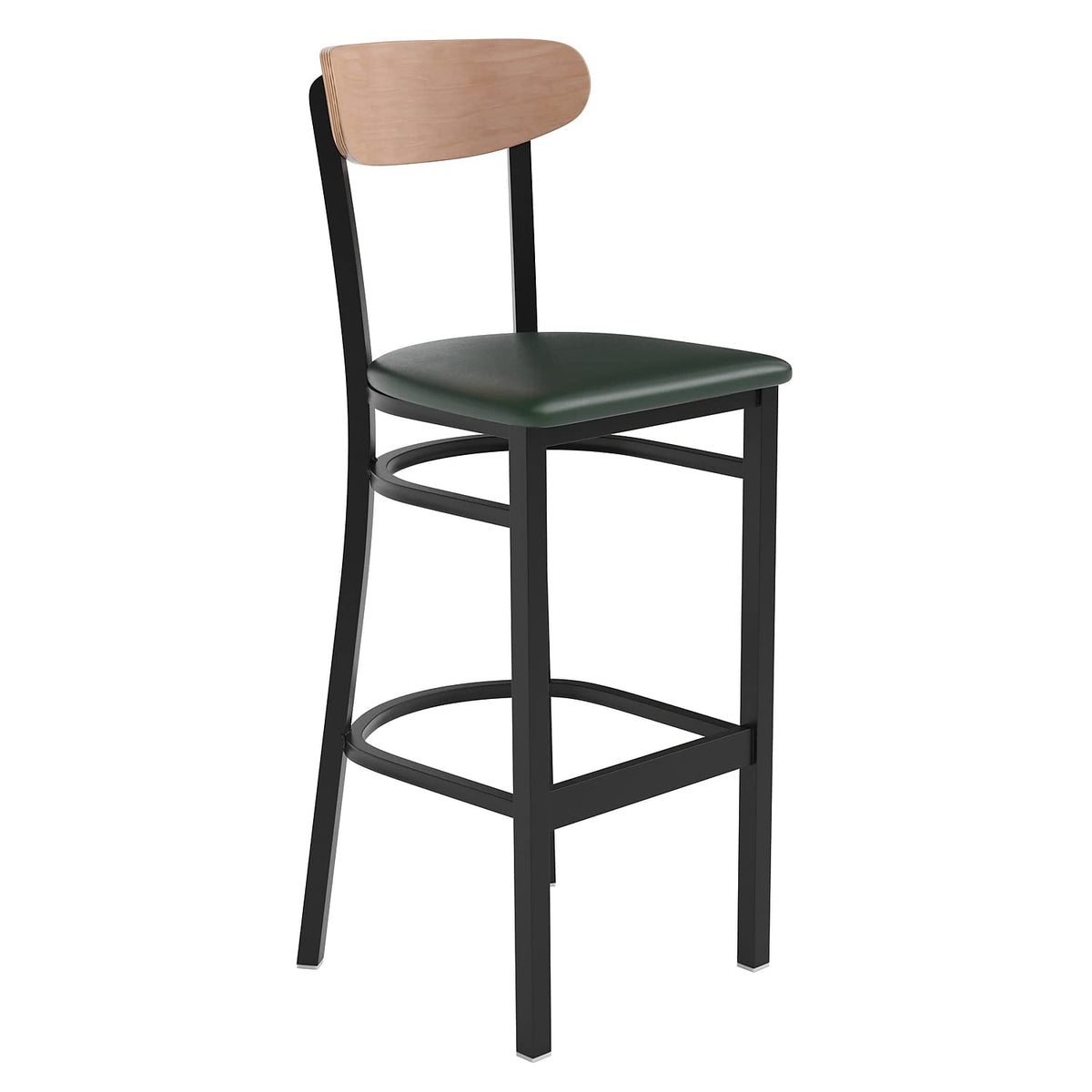 Flash Furniture Wright Commercial Barstool - Natural Birch Finish Wood Boomerang Back - Green Vinyl Seat - 500 LB. Capacity Black Steel Frame - Integrated Footrest