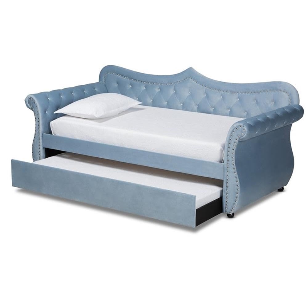 Baxton Studio Abbie Traditional and Transitional Light Blue Velvet Fabric Upholstered and Crystal Tufted Twin Size Daybed with Trundle
