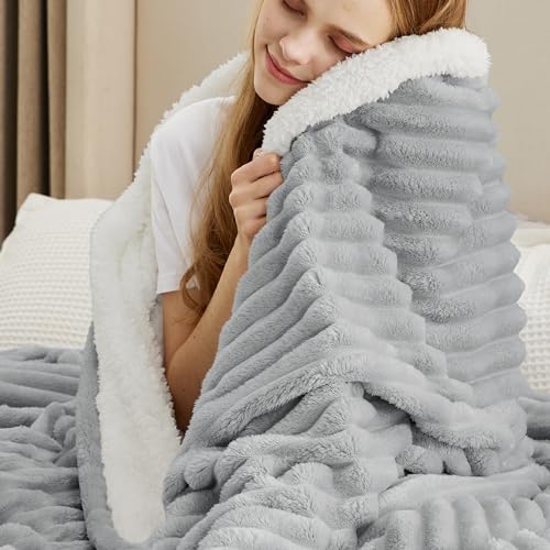 Bedsure Sherpa Throw Blanket For Couch - Super Soft Cozy Fleece Thick Warm Blanket For Winter, Plush Grey Throw Gift For Women, 50X60 Inches