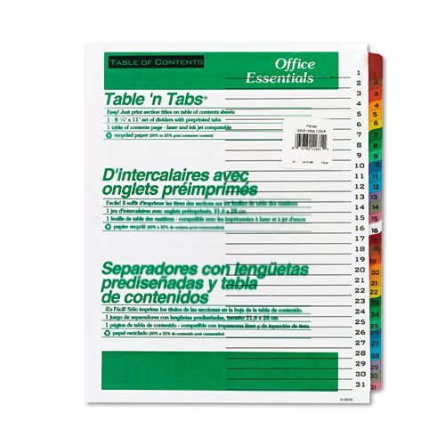 Office Essentials Table 'N Tabs Dividers, 31 Multicolor Tabs, 1-31, Letter, Set