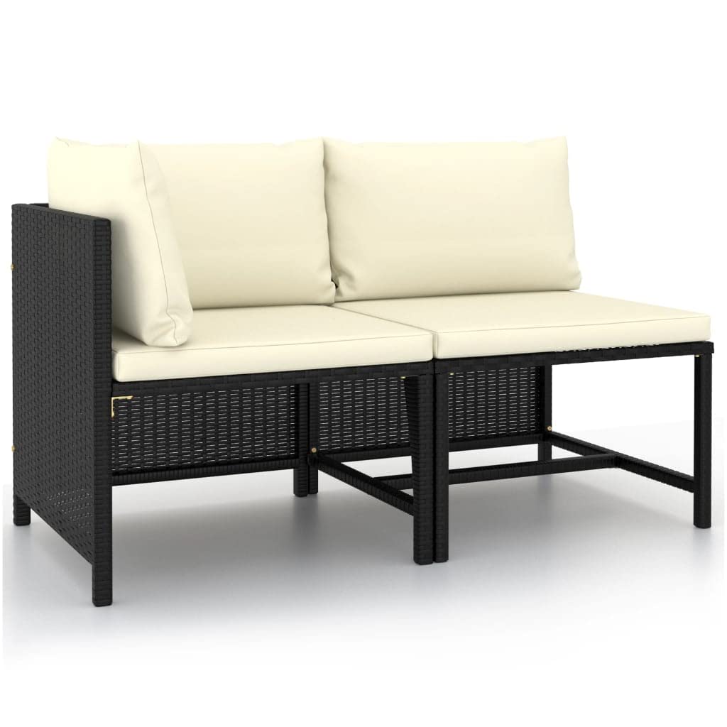 vidaXL Patio Sofa Set - 2 Piece Black Poly Rattan Set with Cream White Cushions - Weather Resistant Outdoor Furniture - Lightwei