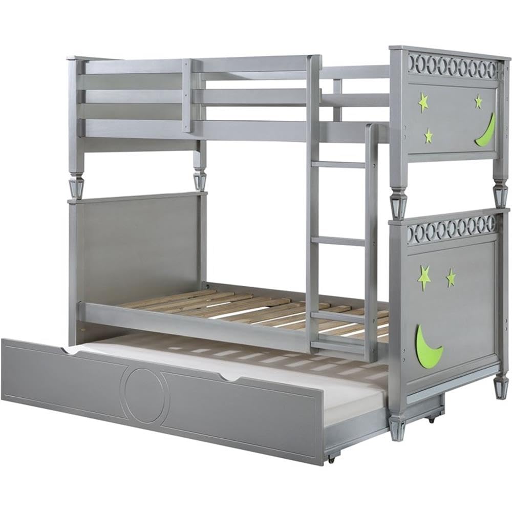 Acme Powell Twin Over Twin Wooden Bunk Bed with Trundle in Silver