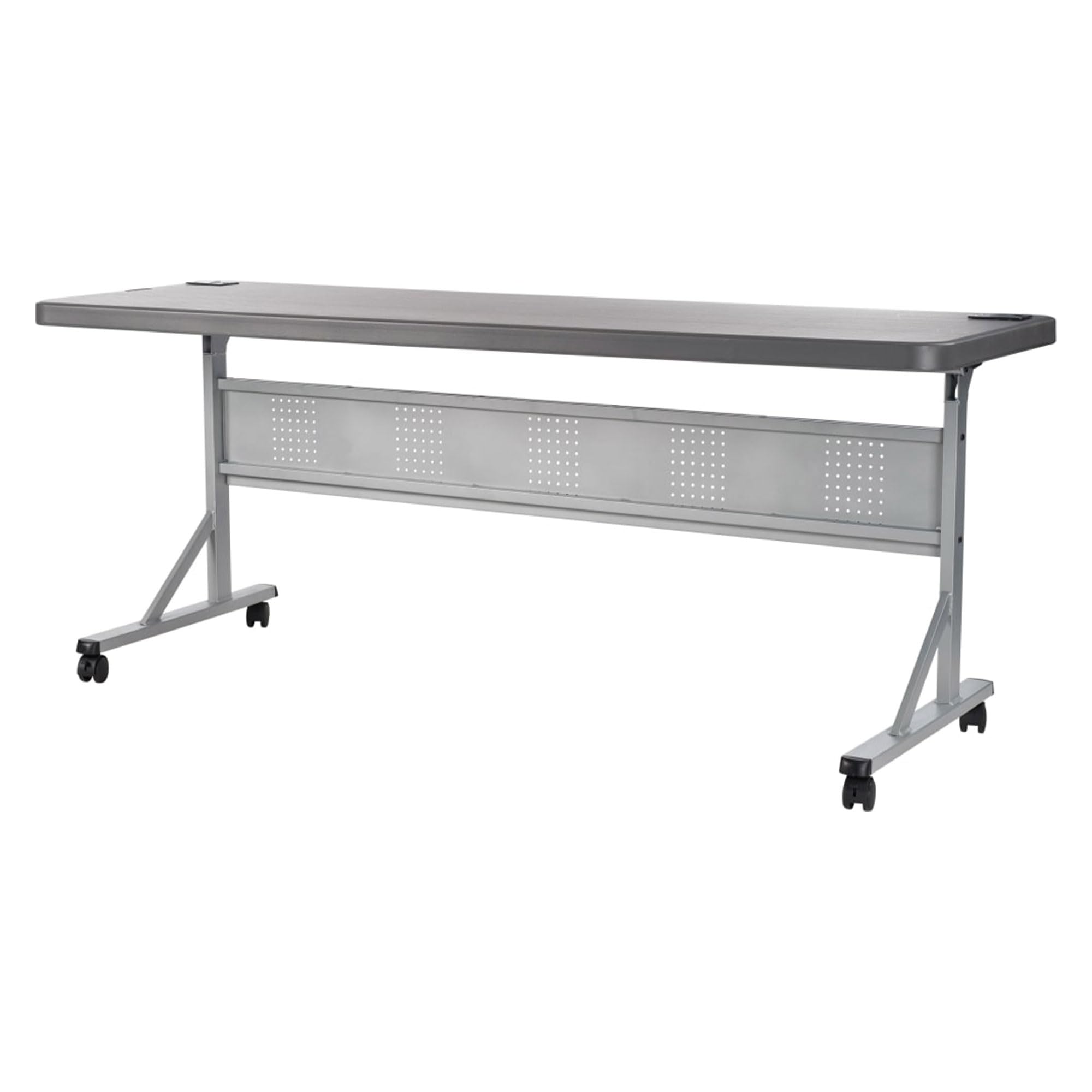 National Public Seating 24" x 72" Flip-N-Store Portable Lightweight Rolling Conference Training Table with 2 Grommet Holes - Charcoal Slate