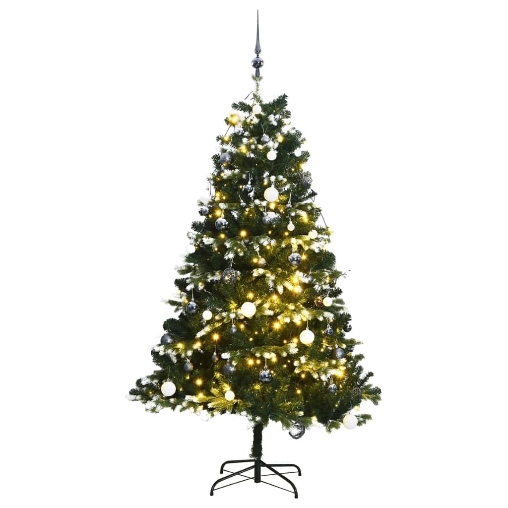 vidaXL Artificial Hinged Christmas Tree 70.9&quot; with 300 LEDs & Ball Set in Green & White - Realistic PE Tips, 8 Lighting Modes, Metal Stand, USB Interface'