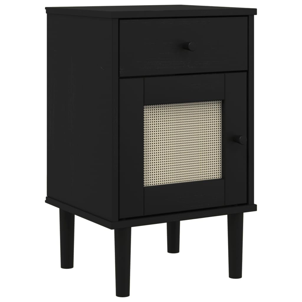 vidaXL Black SENJA Rattan-Look Bedside Cabinet - Solid Wood Pine End Table with UV Varnish, Drawer, Storage Compartment