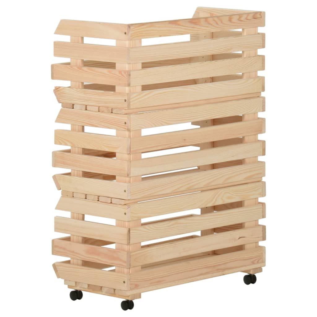 vidaXL Rustic Solid Pinewood Vegetable Trolley - 3 Compartments, Mobile Kitchen Cart with Rolling Casters, Brown, 22.4"x11.8"x31.5"