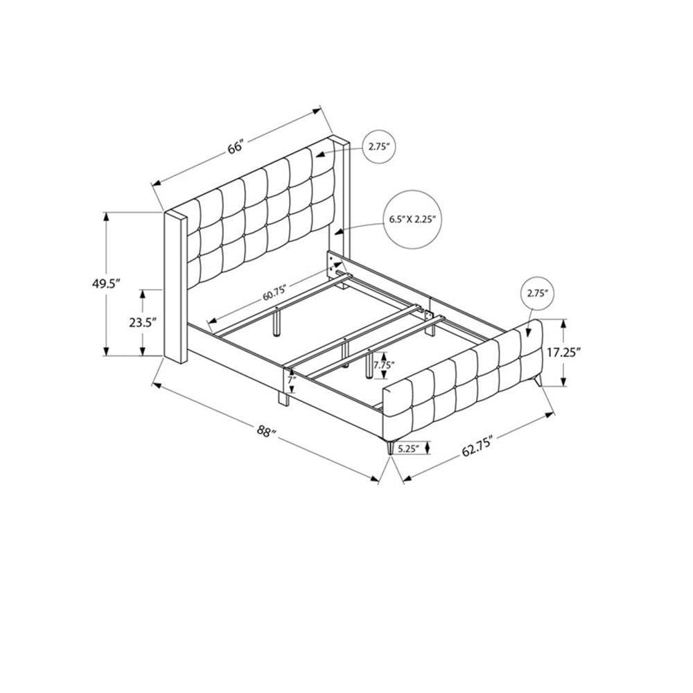 Monarch Specialties I 6040Q Bed, Frame, Platform, Bedroom, Queen Size, Upholstered, Linen Look Fabric, Metal Legs, Grey, Chrome, Contemporary, Modern