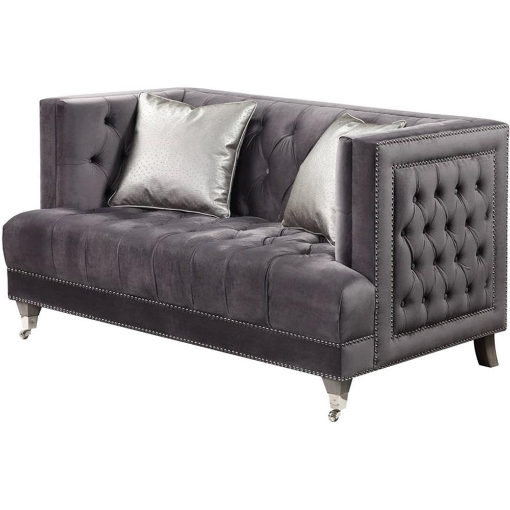Acme Hegio Velvet Tufted Nail-Head Trim Loveseat with 2 Pillows in Gray