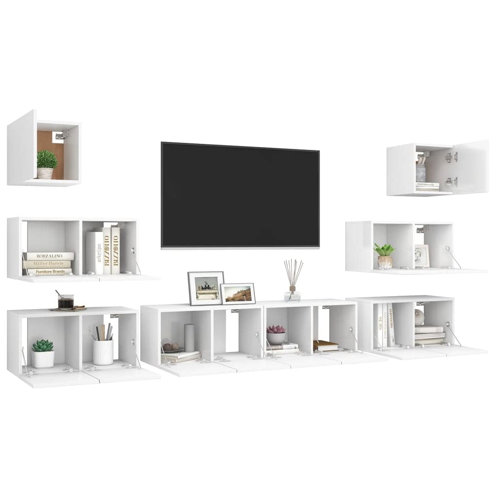 vidaXL TV Cabinet Set 8 Piece Home Indoor Living Room Hanging Wall-Mounted Stereo Plasma HiFi Cabinet TV Unit Furniture White Engineered Wood