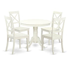 East West Furniture ANBO5-LWH-W 5 Piece Dinette Set for 4 Includes a Round Kitchen Table with Pedestal and 4 Dining Chairs, 36x36 Inch, Linen White