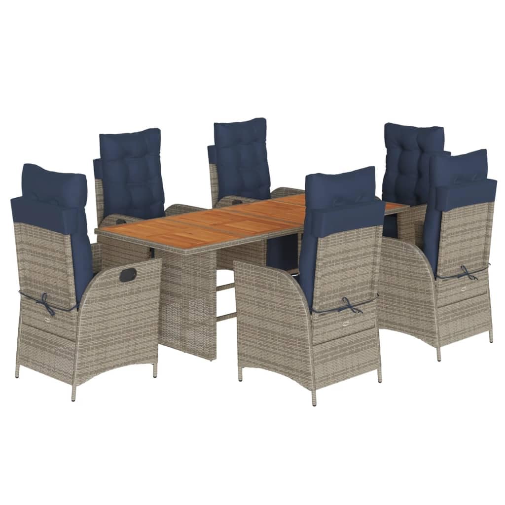 vidaXL 7-Piece Patio Dining Set - Gray Poly Rattan & Acacia Wood Table, Reclining Chairs with Navy Cushions, Weather-Resistant