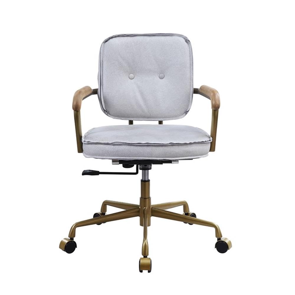 Acme Siecross Office Chair with Wooden Arm in Vintage White Top Grain Leather