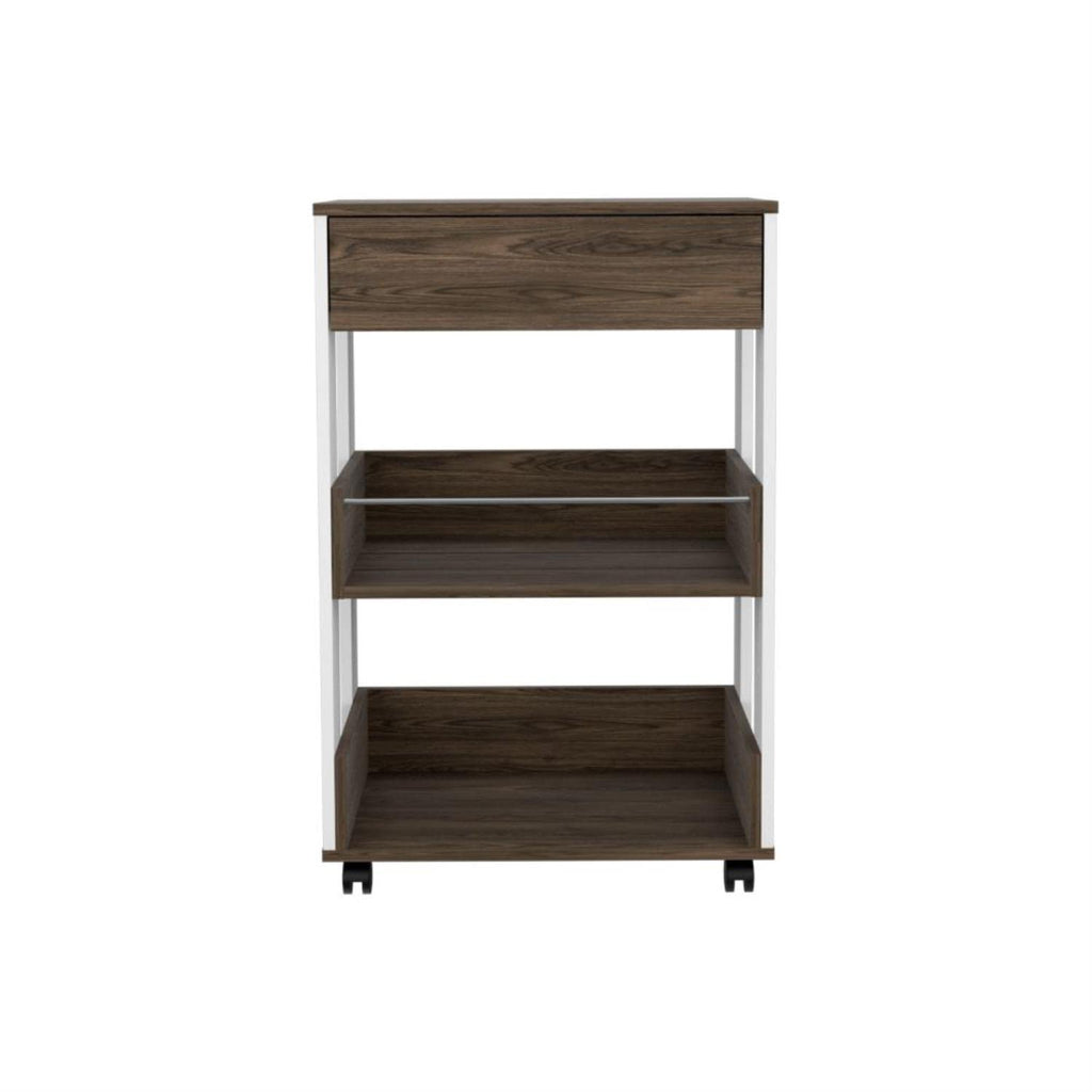 Modern Kitchen Cart 35" H, 4 Casters, 3 Shelves, White/Dark Walnut