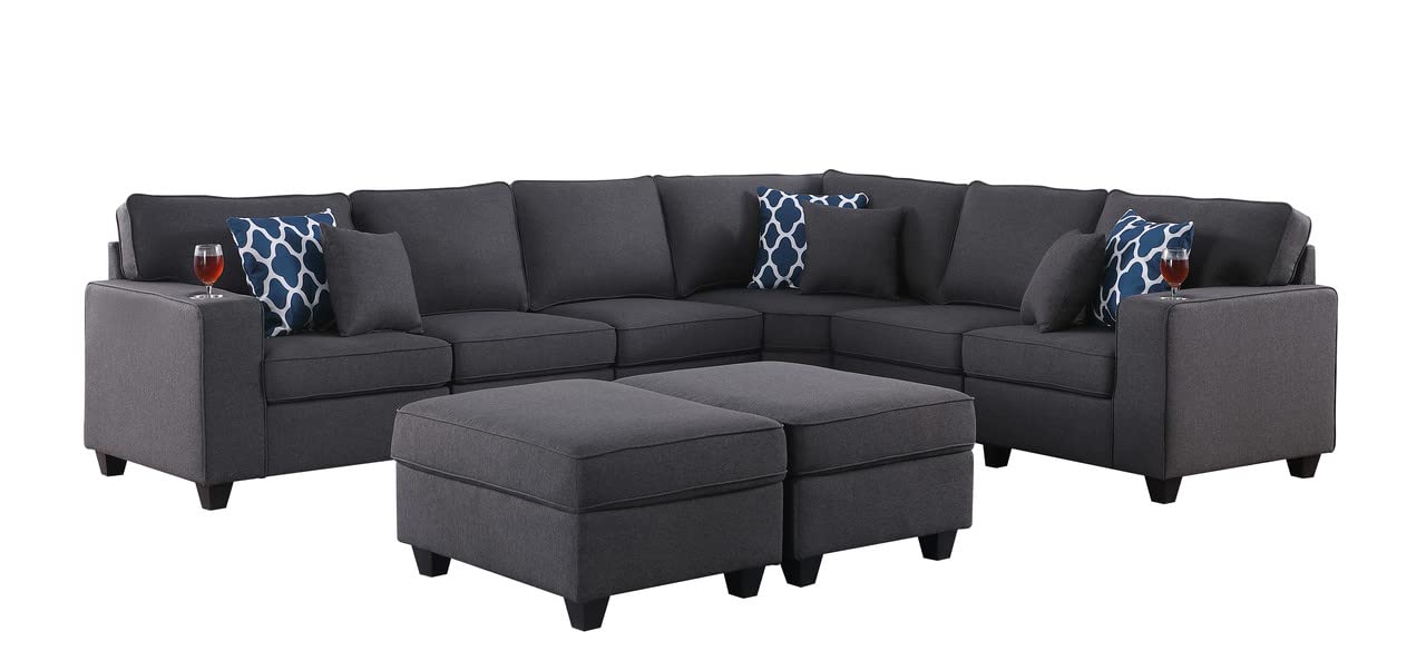 Lilola Home Cooper Dark Gray Linen 8Pc Reversible L-Shape Sectional Sofa with Ottomans and Cupholder