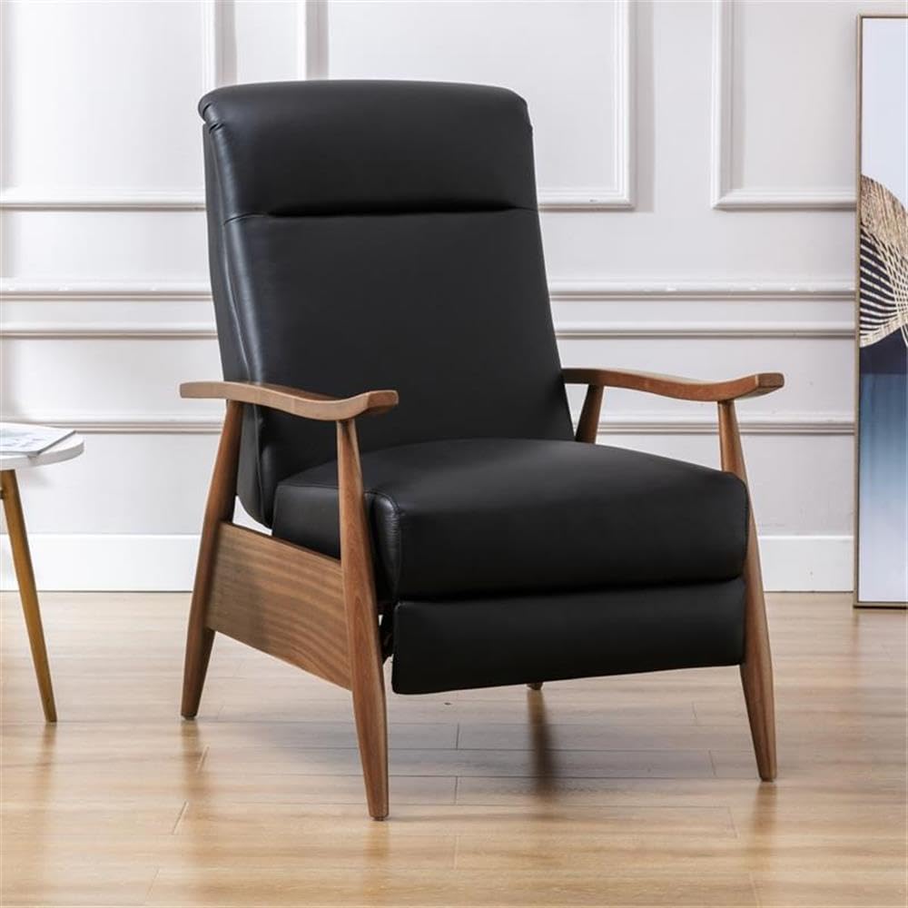 Comfort Pointe Fairview Black Top Grain Leather Chestnut Exposed Wood Arm Push Back Recliner