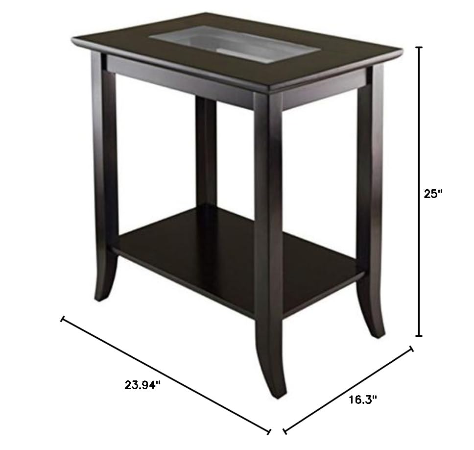 Genoa Rectangular End Table - Glass Inset, Shelf, Dark Espresso Finish - 23.94' W x 16.3' D x 25' H - Solid & Composite Wood - Assembly Required