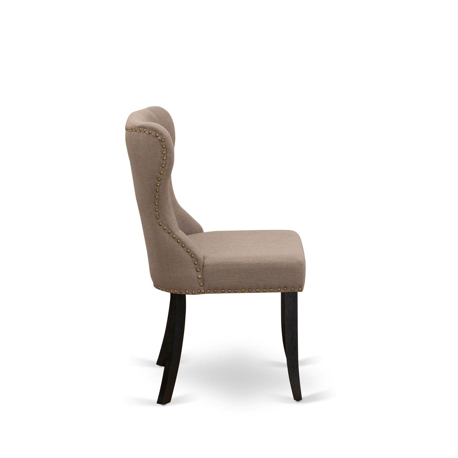 East West Furniture Sip6T48 Sion Parson Dining Room Chairs - Button Tufted Nailhead Trim Coffee Linen Fabric Padded Chairs, Set Of 2, Wirebrushed Black