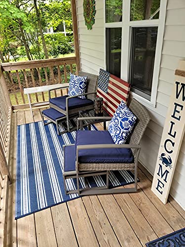 Mad Mats Geometric Outdoor Rug, Reversible Plastic Mat (4' X 6', Vertical Stripe - Blue/White)