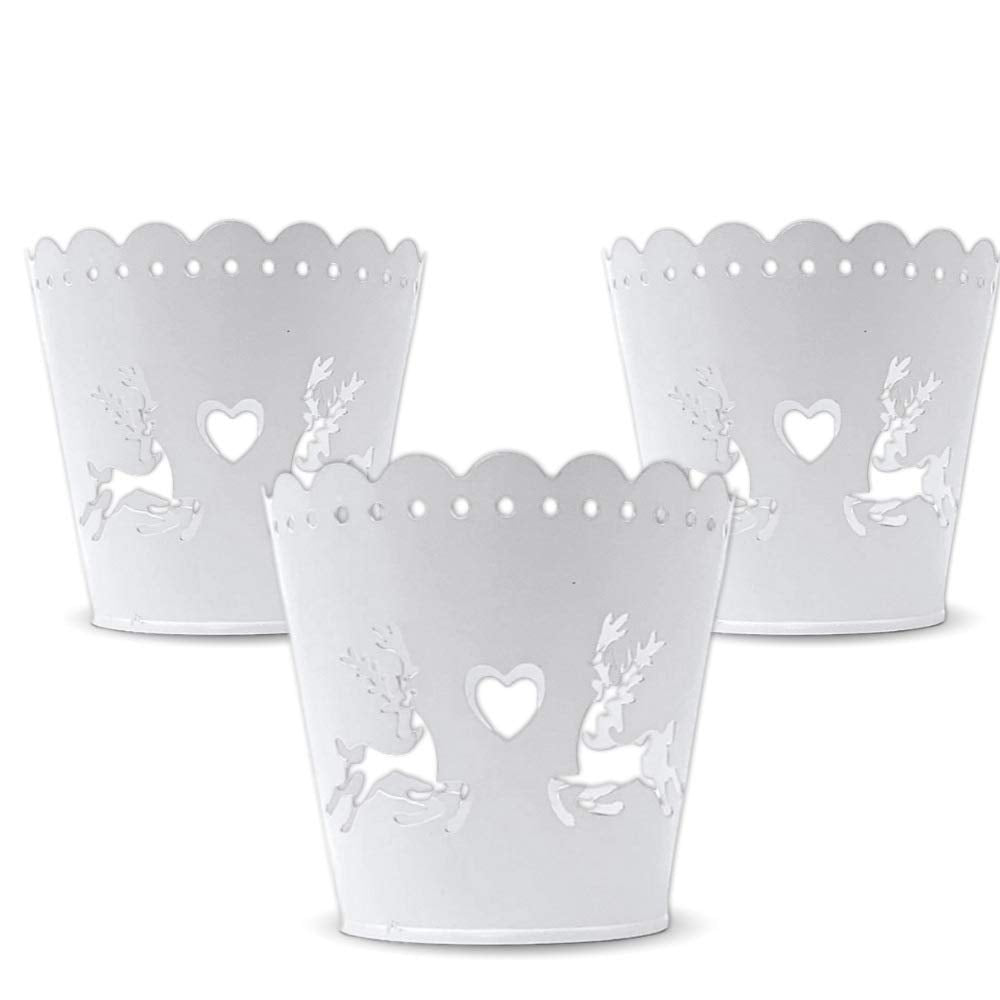 Deer Holiday Candle Holders - Set of 3 - White Metal Holder with Glass Inserts - Reindeer and Heart Cut Outs - Christmas D  cor 