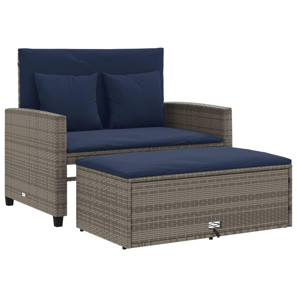 vidaXL Patio Sofa with Cushions, 2-Seater Storage Garden Bench in Gray Poly Rattan, Flexible Sofa Bed, Outdoor Footstool, Navy Blue Cushions, Reclining Backrest, 45.3&quot; Garden Lounger