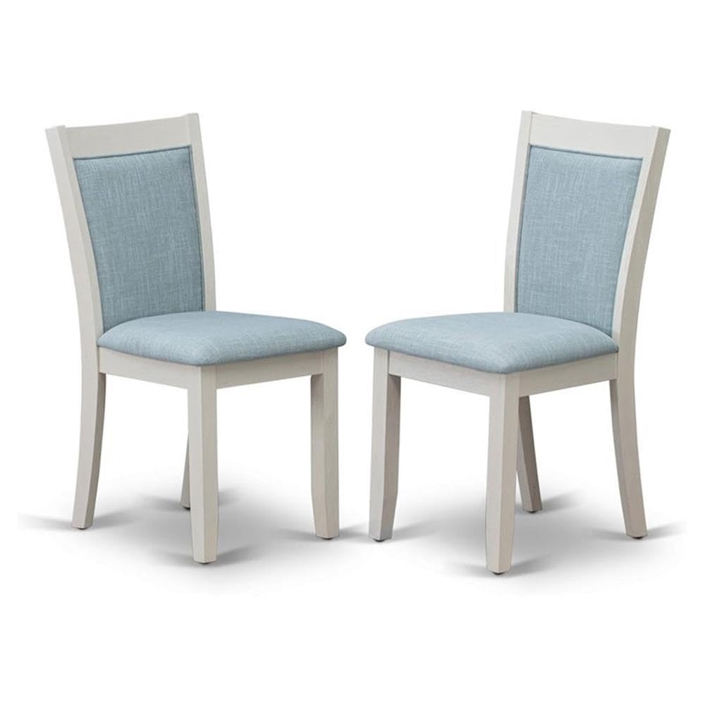 East West Furniture MZC0T15 Monza Parsons Dining Chairs - Baby Blue Linen Fabric Padded Chairs, Set of 2, Wirebrushed Linen White