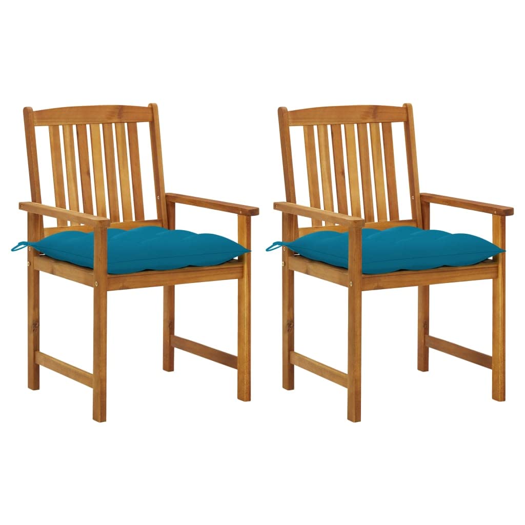 vidaXL Set of 2 Outdoor Patio Chairs with Blue Cushions - Solid Acacia Wood Slatted Design - Easy Assembly - Ideal for Garden, Balcony, Deck