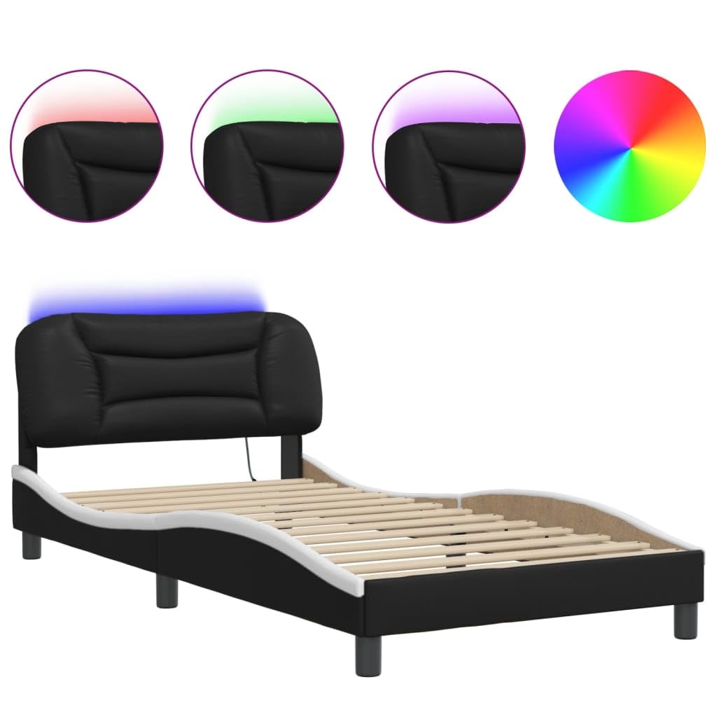 vidaXL Twin XL Bed Frame with LED Lights - Durable Black & White Faux Leather, Plywood Slats, Waved Design, Comfort Headboard