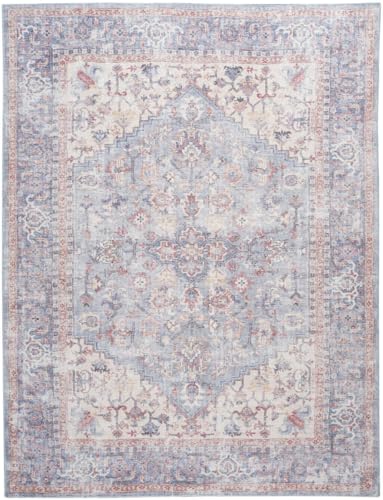 HomeRoots 522425 9 x 12 ft. Blue Floral Power Loom Distressed Rectangle Traditional Area Rug