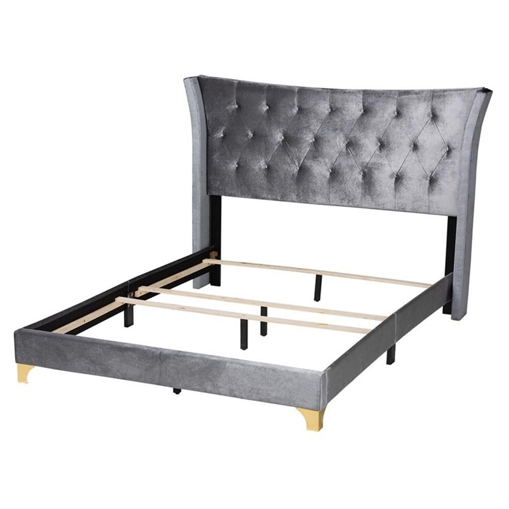 Baxton Studio Easton Grey Velvet and Gold Metal Queen Size Panel Bed