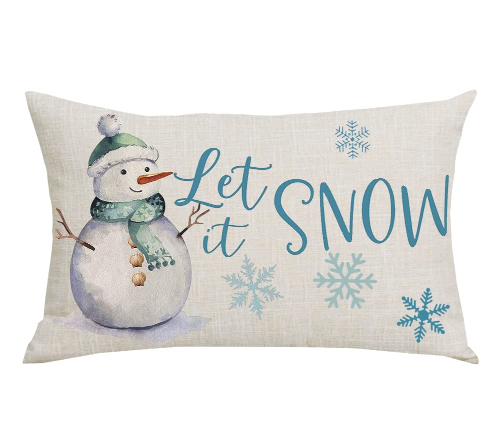 Wenianru Blue Quote Let It Snow Snowflakes White Snowman Winter Home Sofa Chair Bed Decoration Lumbar Pillowcase Cotton Linen De