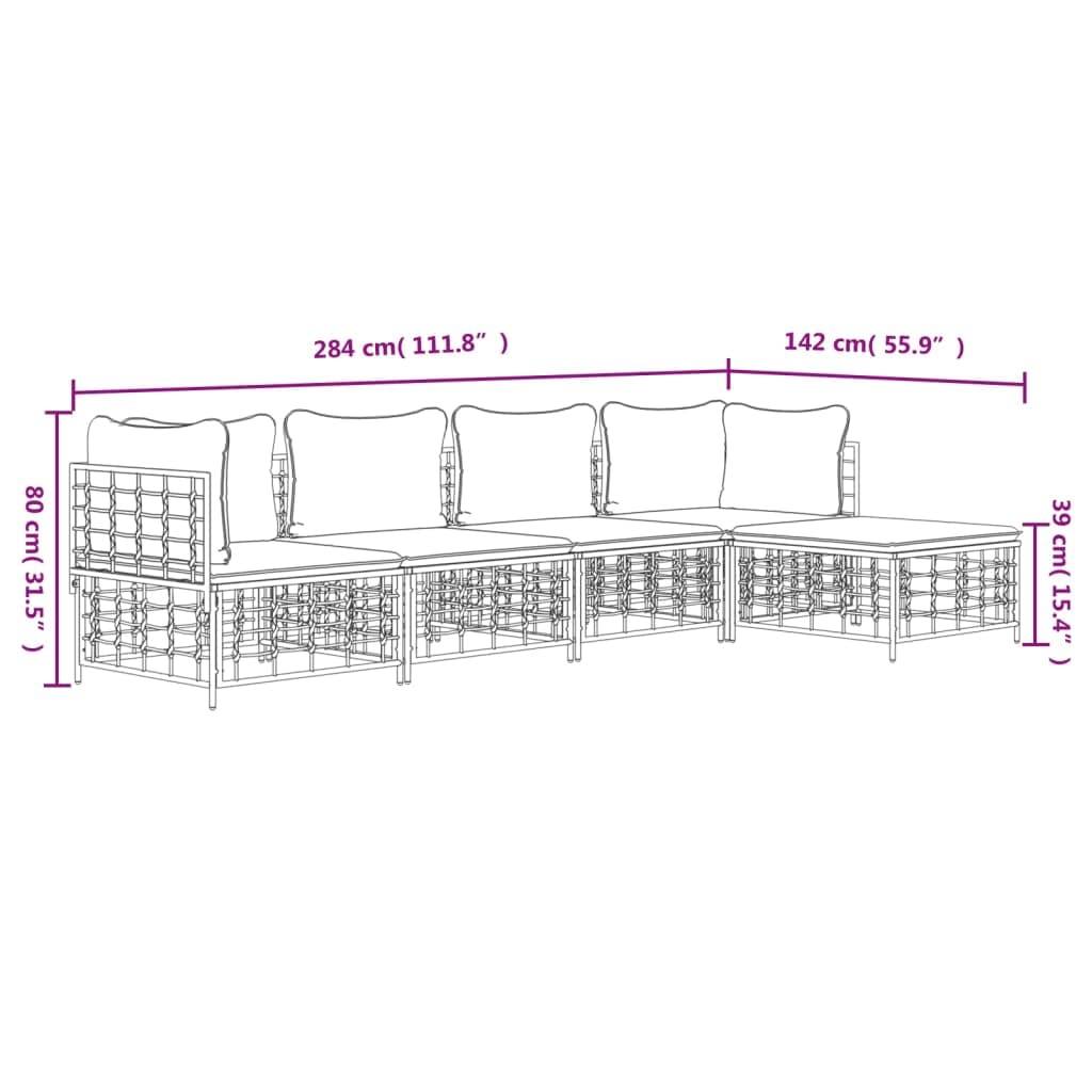 vidaXL 5-Piece Patio Lounge Set - Anthracite Poly Rattan - with Cushions and Footstool - Modular Design - Ideal for Outdoor Seating - Weather-Resistant - Dark Grey Color