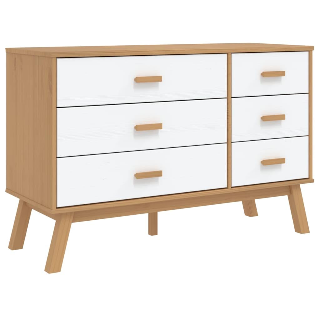 vidaXL Drawer Cabinet Storage Sideboard - White/Brown Solid Pine Wood, 6-Drawer Organizer for Hallway, Bedroom, Living Room, and Office - 43.7&quot;x16.5&quot;x28.9&quot;