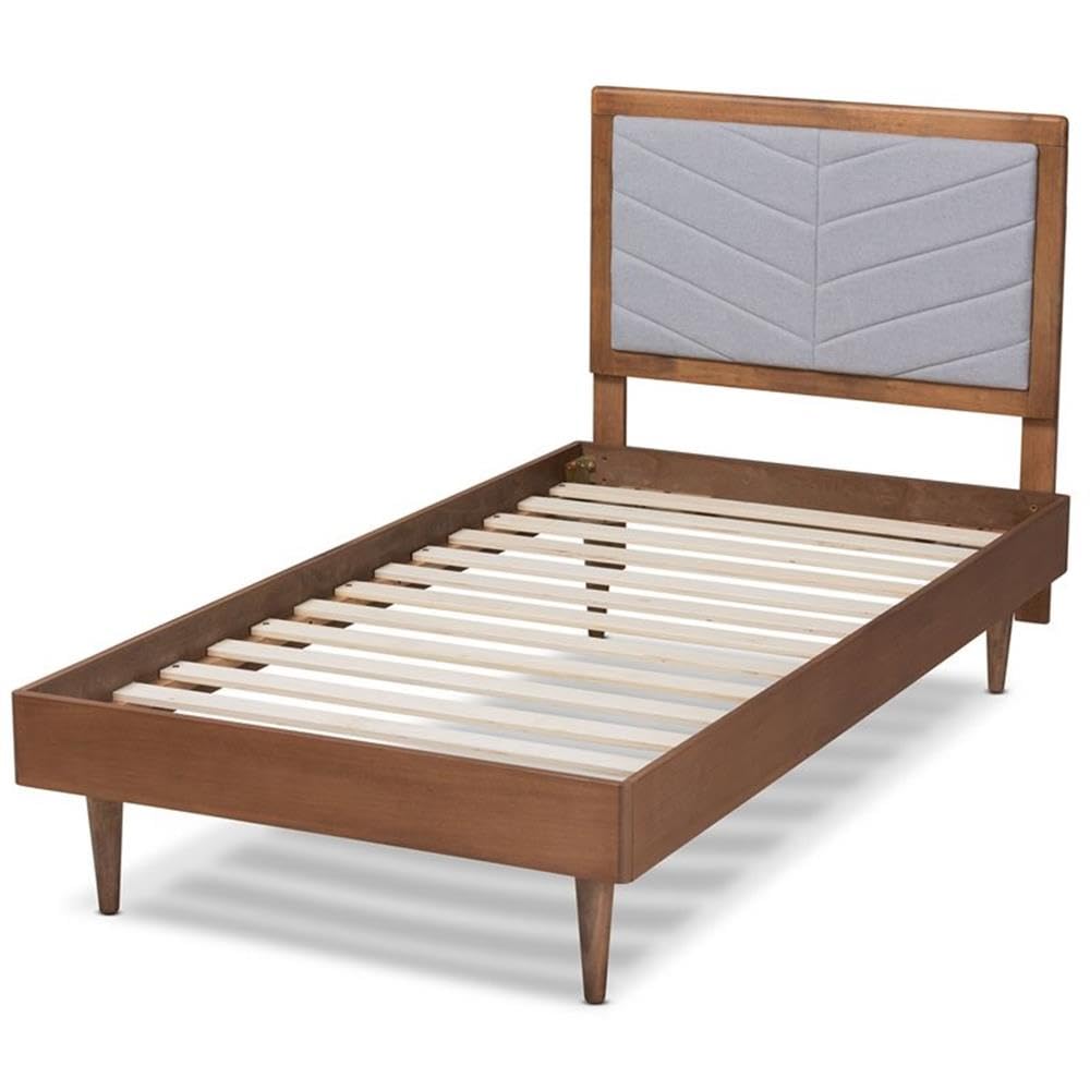 Baxton Studio Tasha Mid-Century Modern Light Grey Fabric Upholstered and Walnut Brown Finished Wood Twin Size Platform Bed