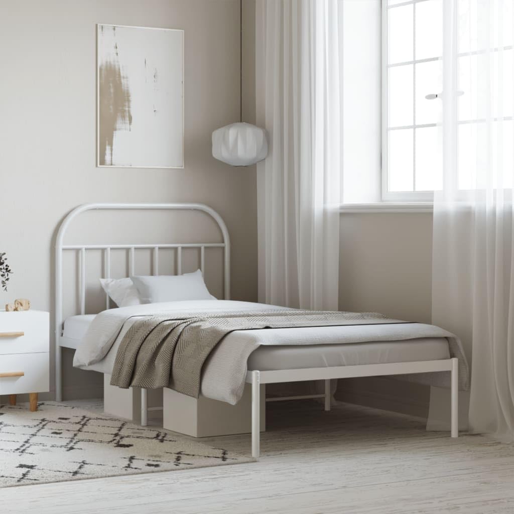 vidaXL 12 Inch White Twin XL Bed Frame with Headboard, Sturdy Metal Platform Bed Frame & Slats, Extra Under Bed Storage, No Box Spring Needed, Without Mattress