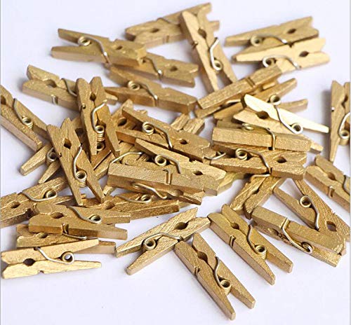 iKammo 50pcs Wood Gold Clothespins Mini Wooden Gold Clothes Pins for Photo Peg Pin Compatible Gift Wrapping, Picture Hanging, Ar