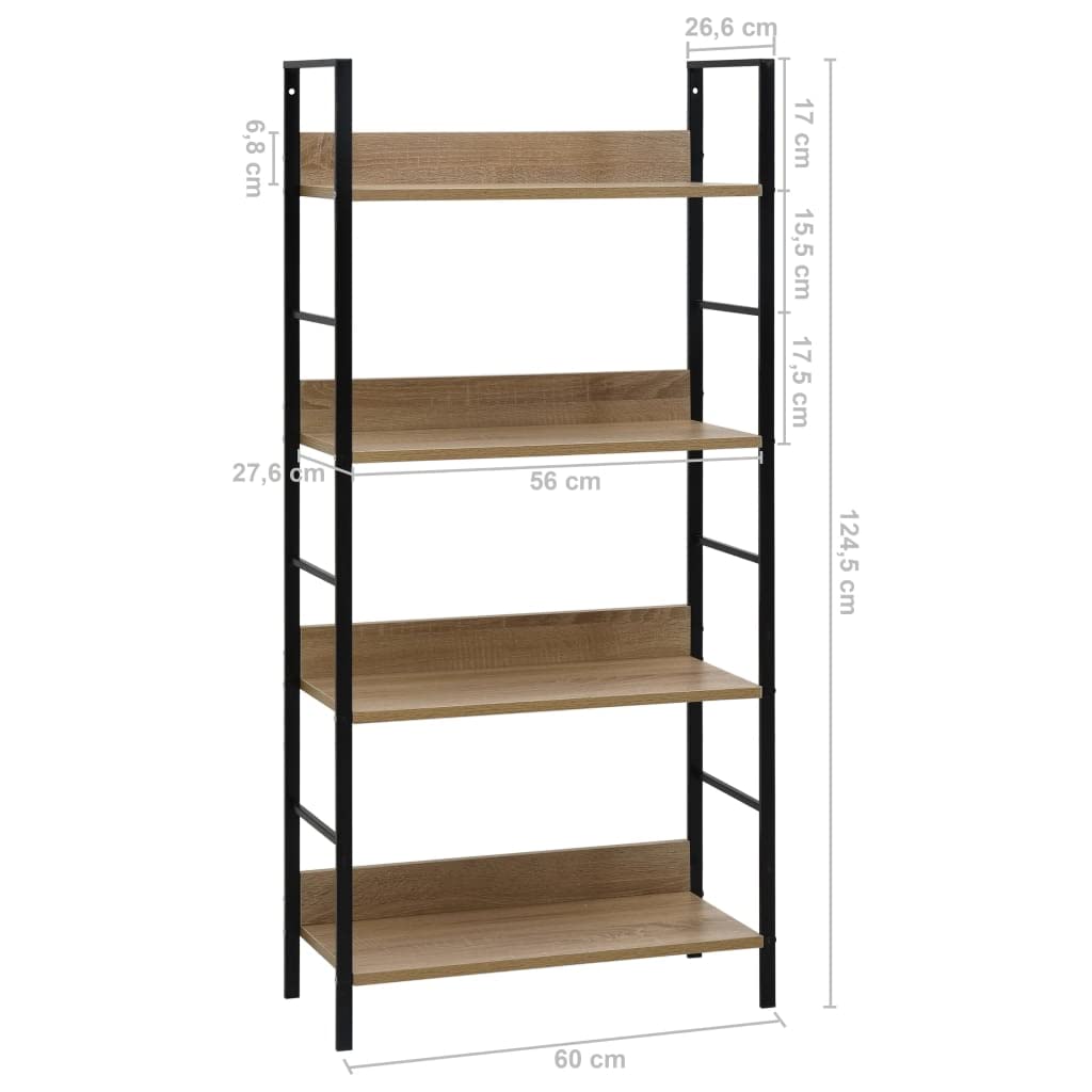 vidaXL 4-Layer Book Shelf in Oak and Black, Compact Engineered Wood and Steel Bookshelf/Plant Display Rack for Home & Office, Industrial Style, Easy to Clean, Space-Efficient Furniture