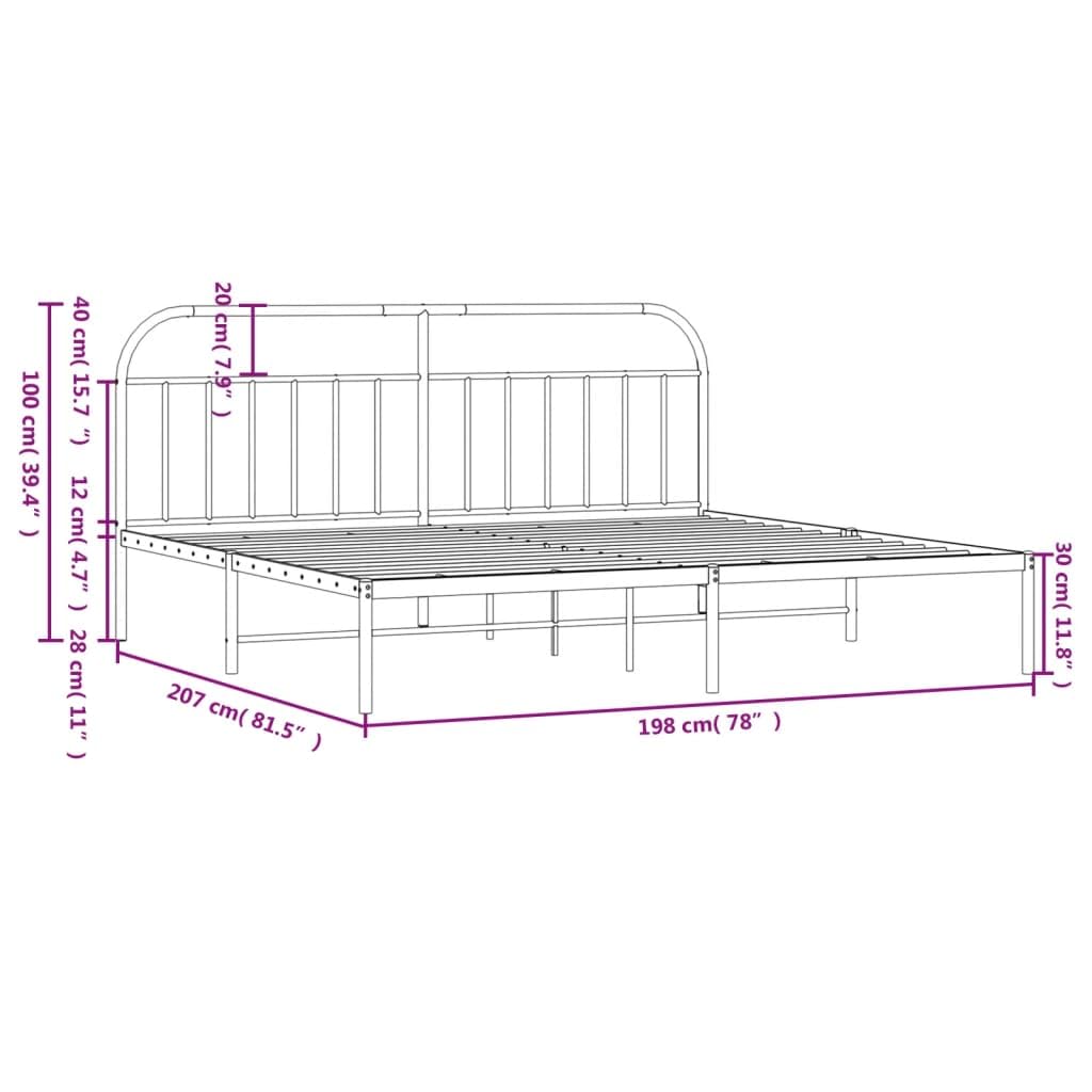 vidaXL Powder-Coated Steel Metal Bed Frame with Headboard and Extra Storage Space, Suitable for 76"x79.9" Mattress, Solid Support, Black
