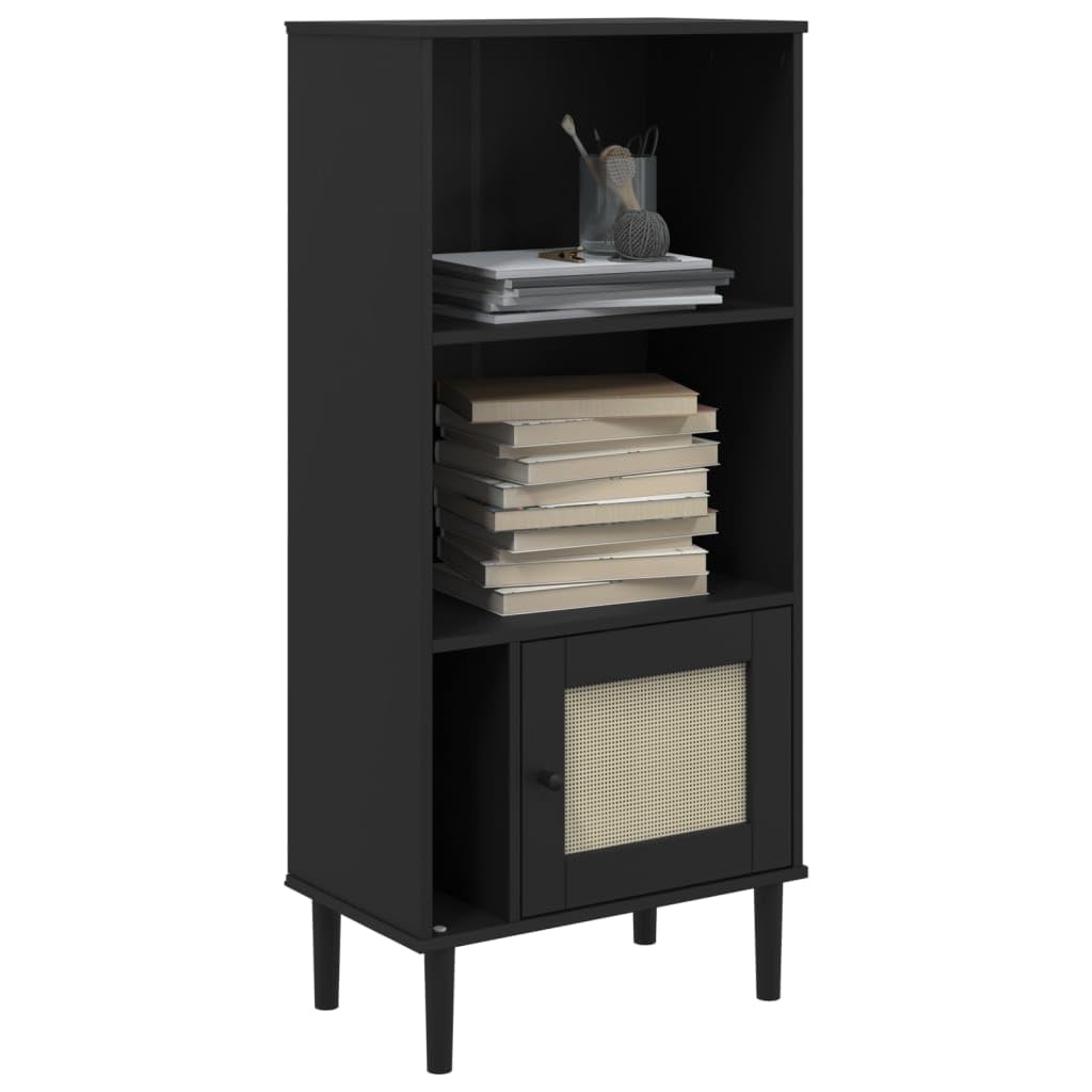 vidaXL SENJA Pine Wood Bookcase - Black, UV Varnish Finished, Freestanding with Rattan Look Design, Ample Storage Space - 23.6&quot;x13.8&quot;x51.2&quot;