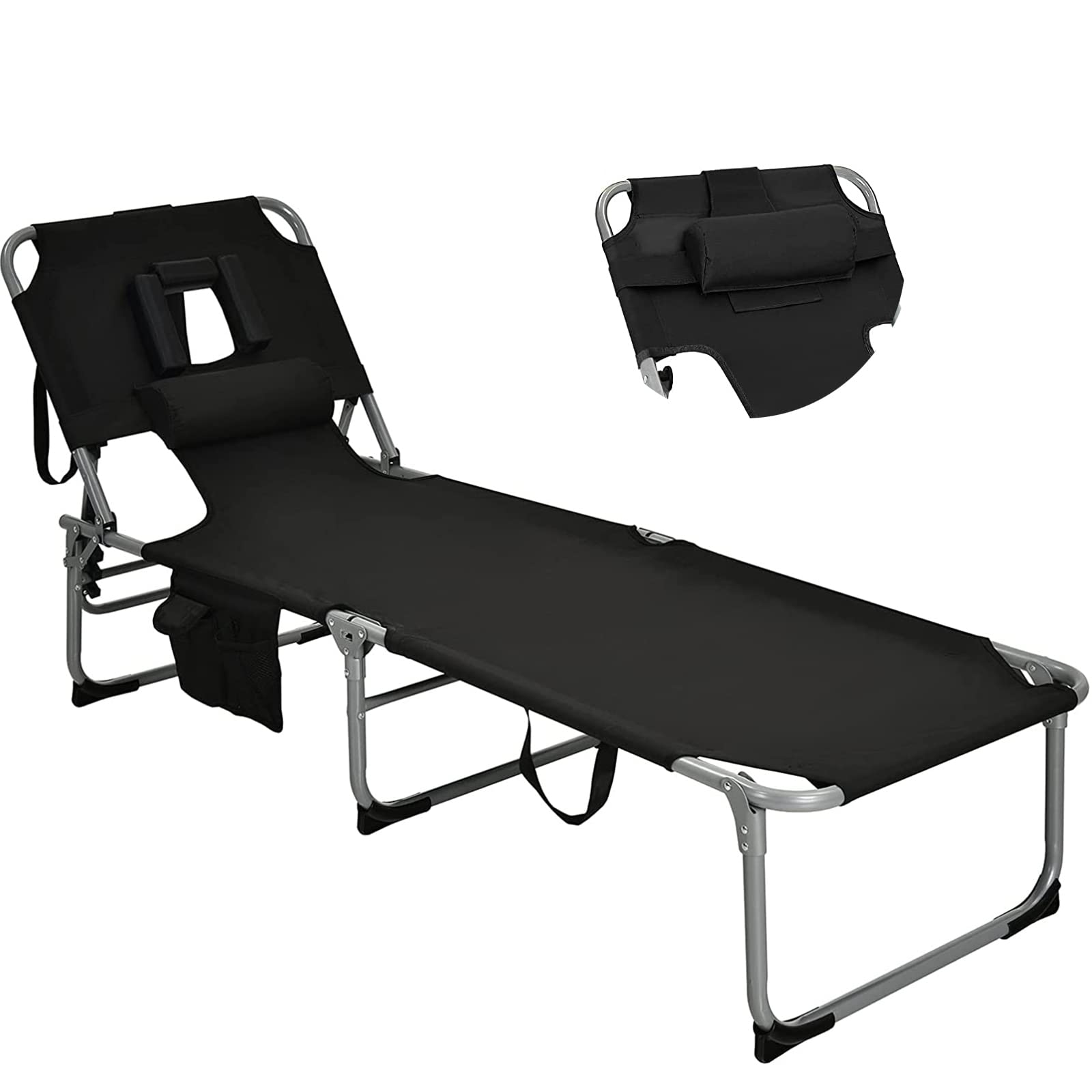 Goplus Tanning Chair, Folding Beach Lounge Chair With Face &Arm Hole, 5-Position Adjustable,Removable Pillow,Side Pocket, Sunbathing Chair, Portable Outdoor Lounge Chair For Patio Pool Lawn (1, Black)