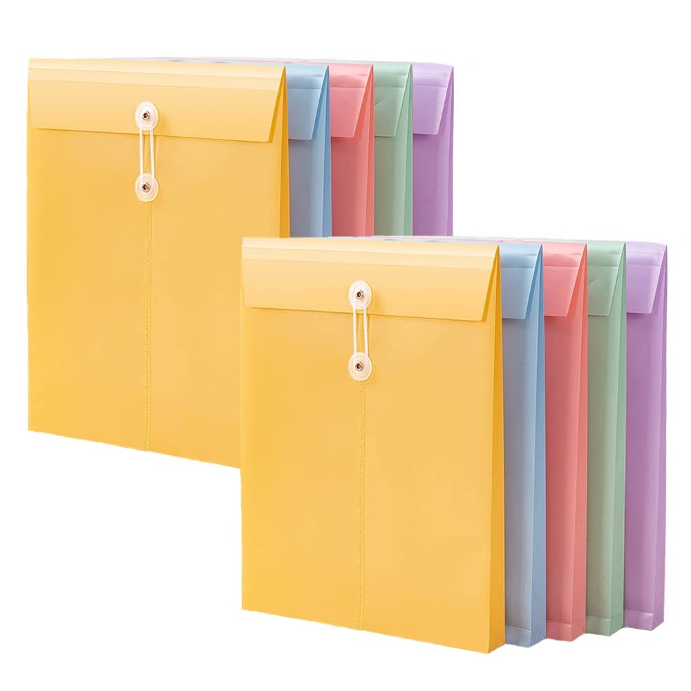 Plastic Envelope File Folder With Button String Tie Closure, 10 Pack Reusable Document Folder Sorting Preservation Privacy For S