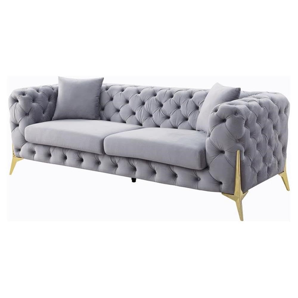 Acme Jelanea Velvet Tufted Upholstery Sofa with 2 Pillows in Gray and Gold