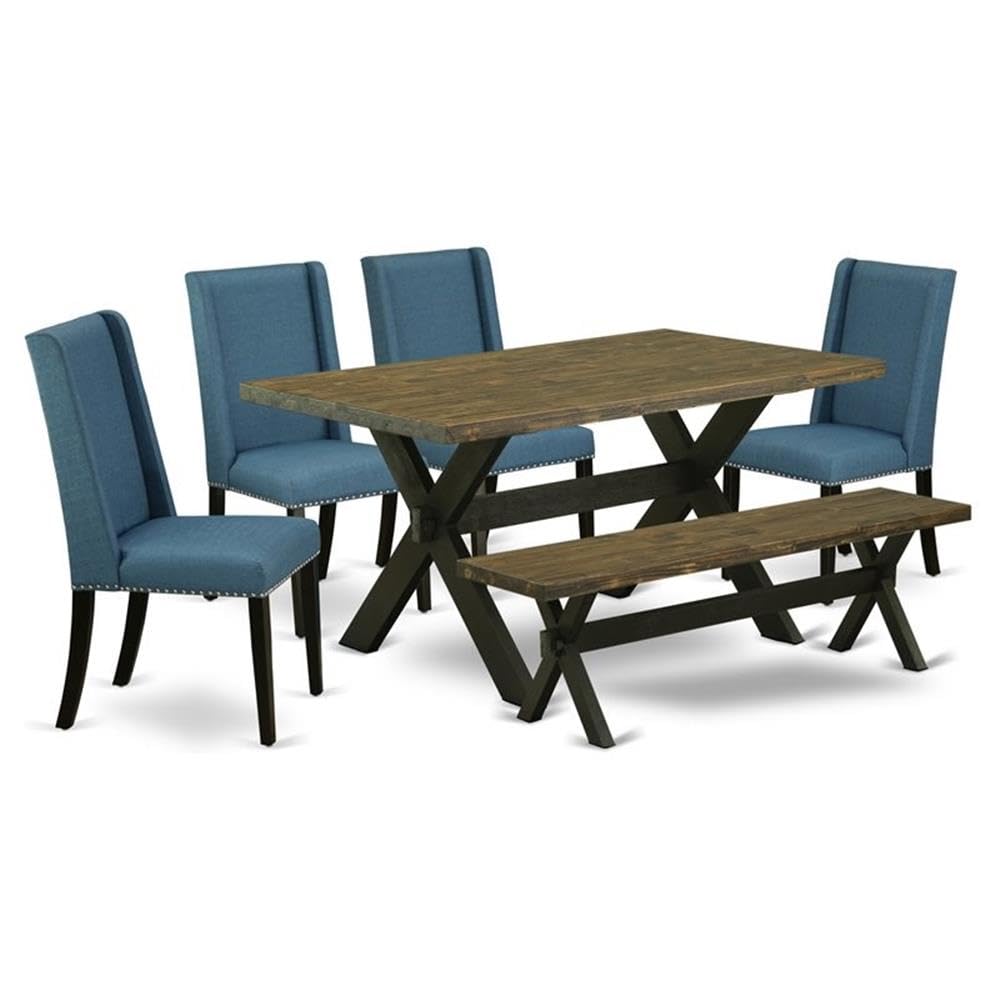 East West Furniture X676Fl121-6 6 Piece Dining Room Set Contains A Rectangle Dining Table With X-Legs And 4 Blue Linen Fabric Upholstered Chairs With A Bench, 36X60 Inch, Multi-Color