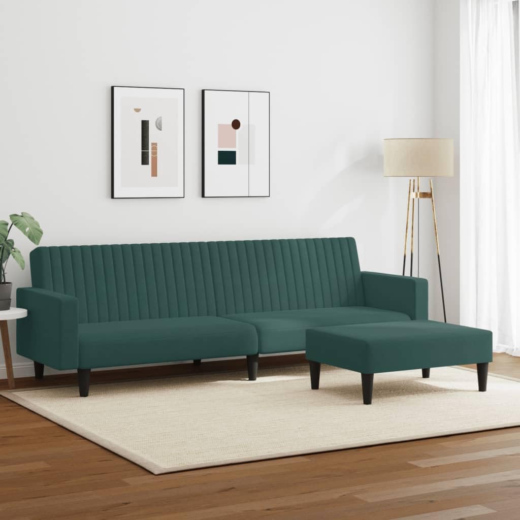 vidaXL Dark Green Velvet Sofa Bed Set - Convertible 2-Piece with Footstool, Modern Design for Living Room/Office, Thick Foam Padded Comfort