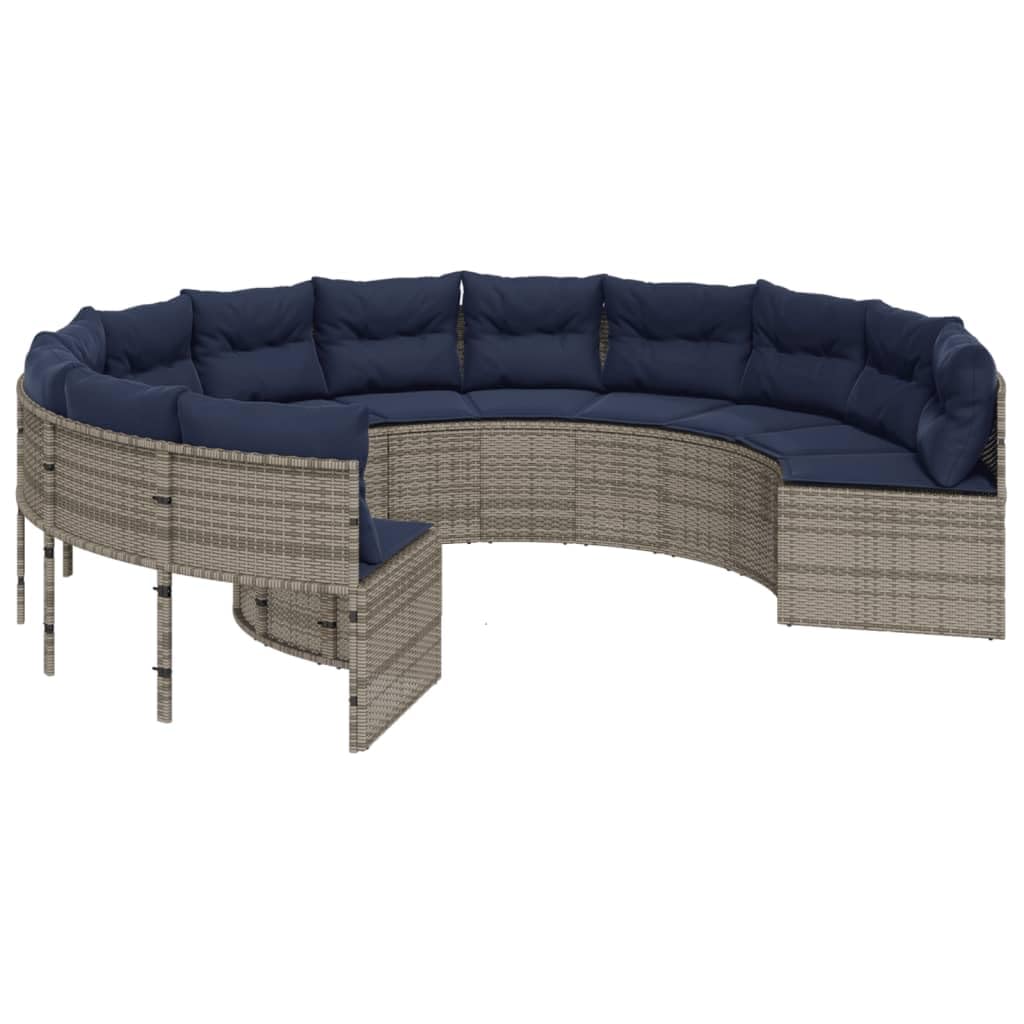 vidaXL Patio Sofa with Cushions Circle Couch Furniture Round Gray Poly Rattan - Navy Blue Cushions, Outdoor Use, Garden Sofa