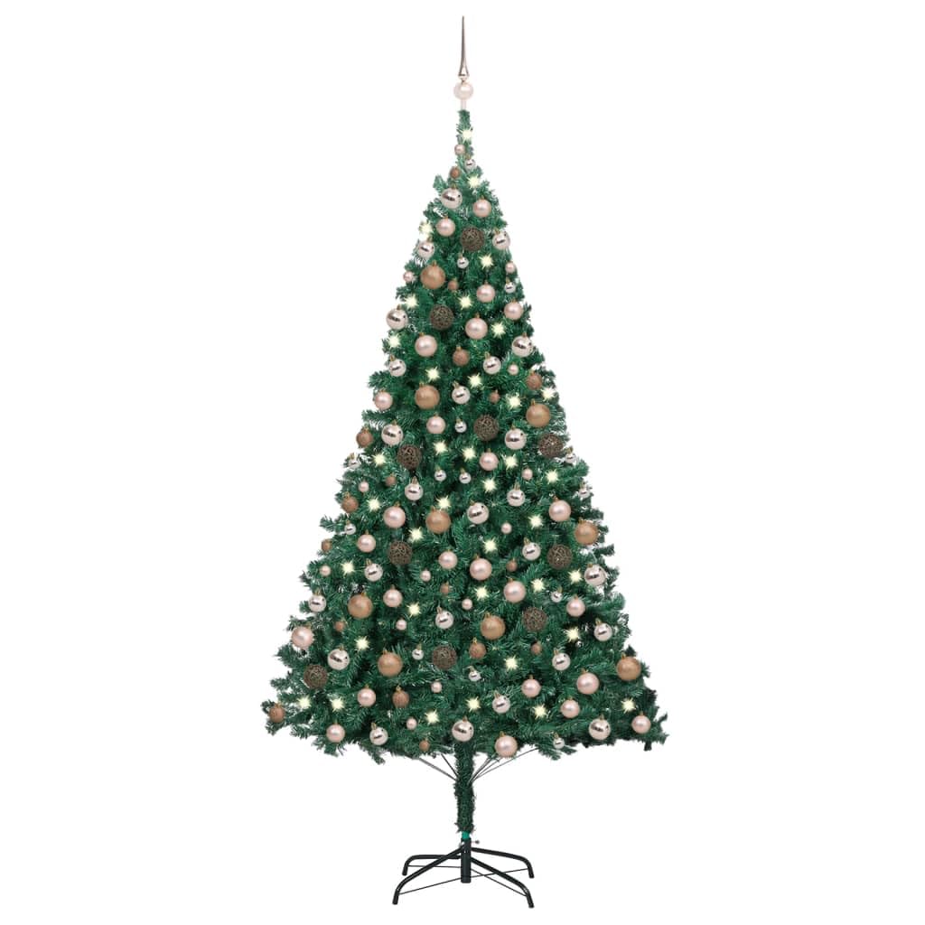 vidaXL Artificial Christmas Tree with LED Lights - 82.7&quot; Green PVC Christmas Décor with Extra Thick Branches, Metal Stand, and Rose Gold Decorative Balls