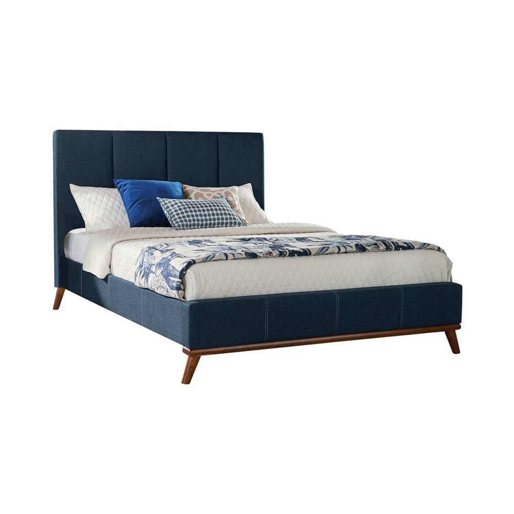 Coaster Home Furnishings Charity Mid-Century Modern Fabric Upholstered Queen Size Panel Bed Frame Platform Bed 49-inch Headboard Blue 300626Q