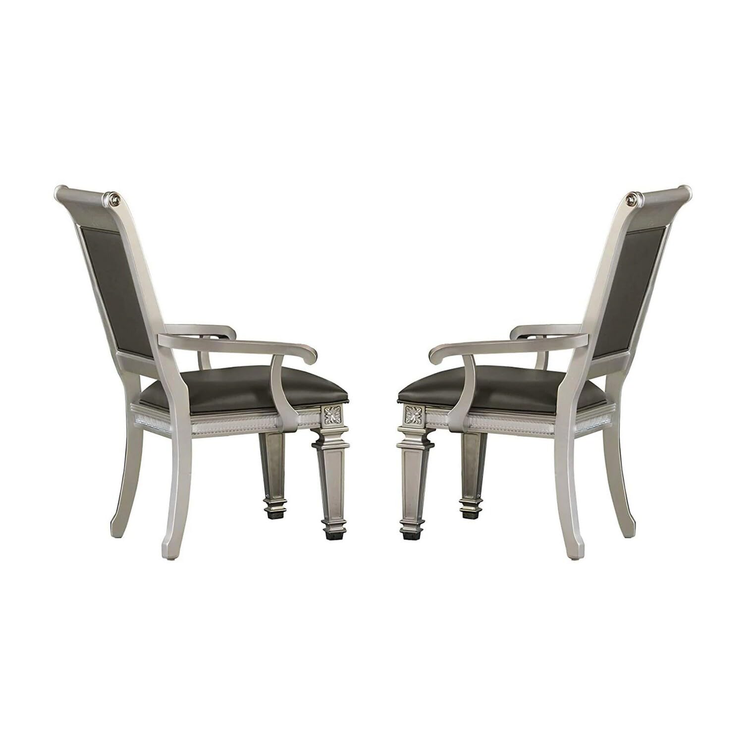 Benzara BM181905 Faux Leather Upholstered Arm Chair, Gray and Silver, Set of 2