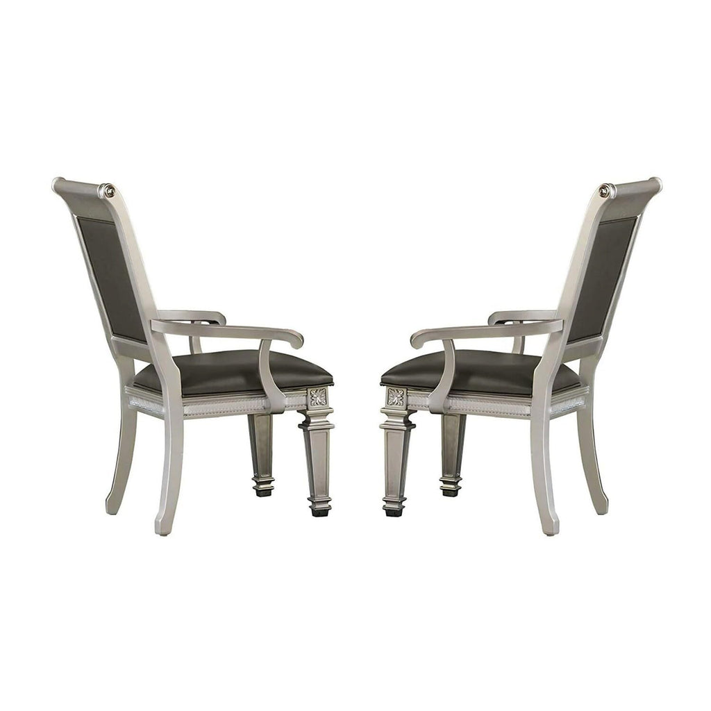 Benzara BM181905 Faux Leather Upholstered Arm Chair, Gray and Silver, Set of 2