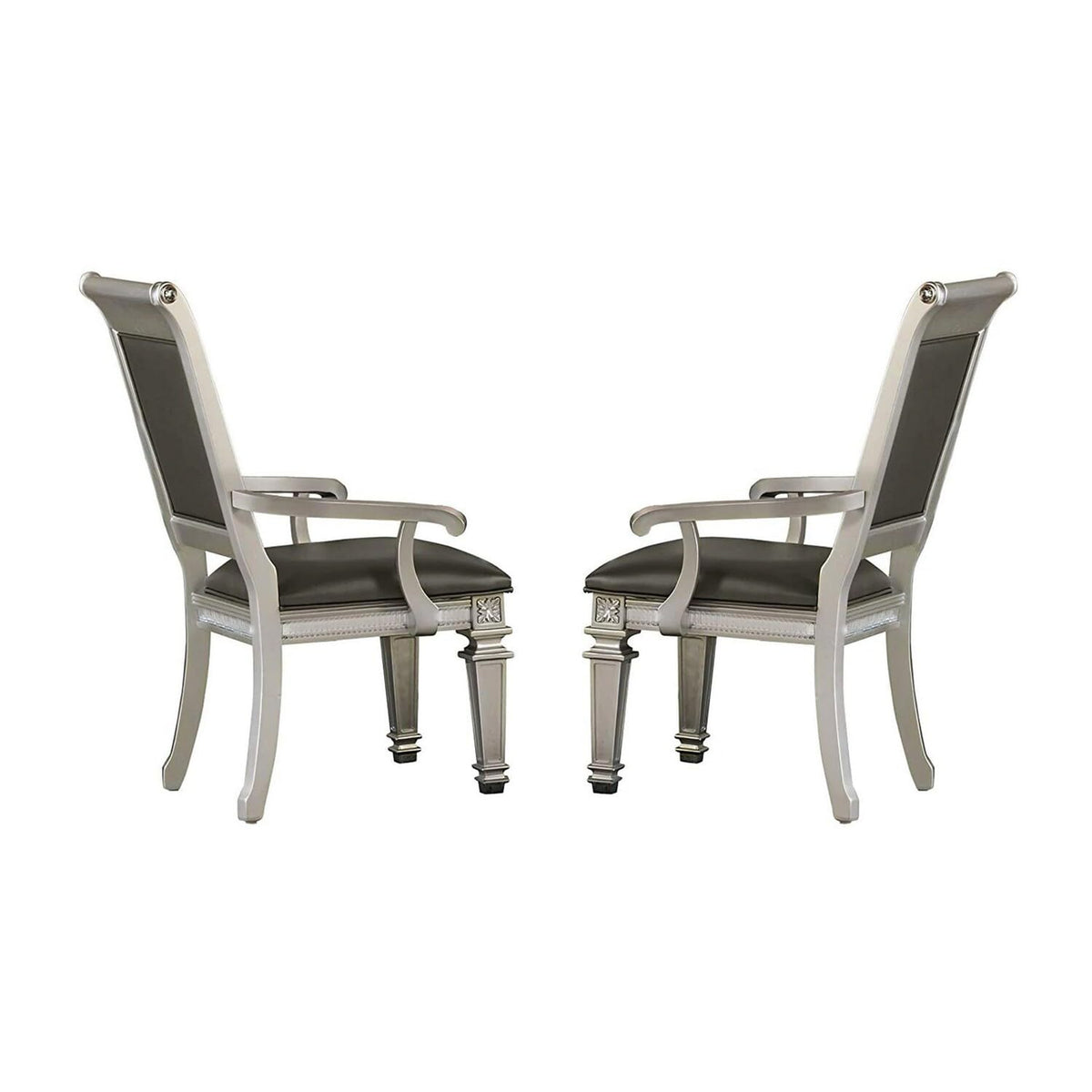 Benzara BM181905 Faux Leather Upholstered Arm Chair, Gray and Silver, Set of 2