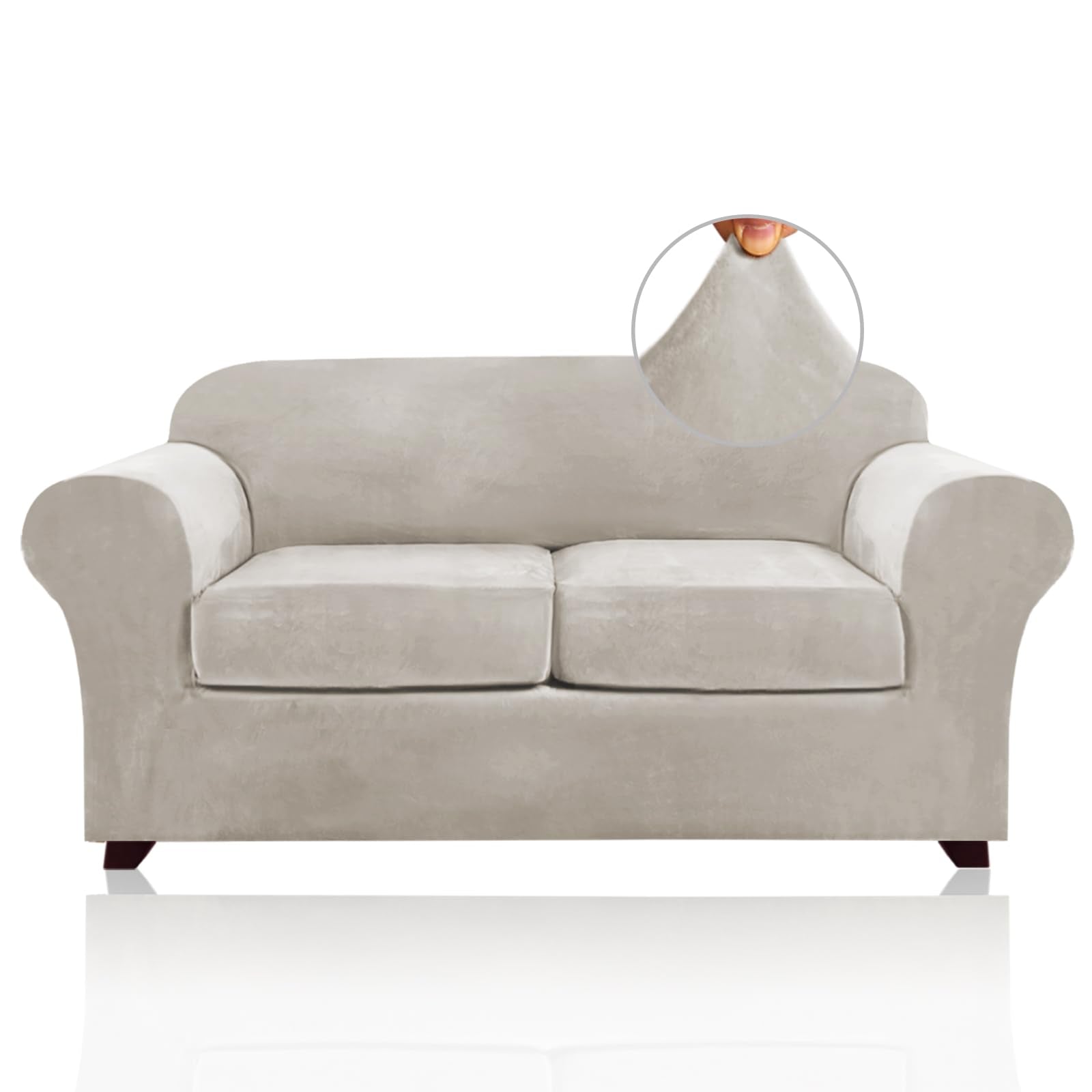 Princedeco 3 Pieces Couch Covers Soft Velvet Couch Covers For 2 Cushion Sofa Loveseat Covers Width Up To 72 Inch Anti Slip Love Seat Furniture Protector, Machine Washable(Medium, Oatmeal)